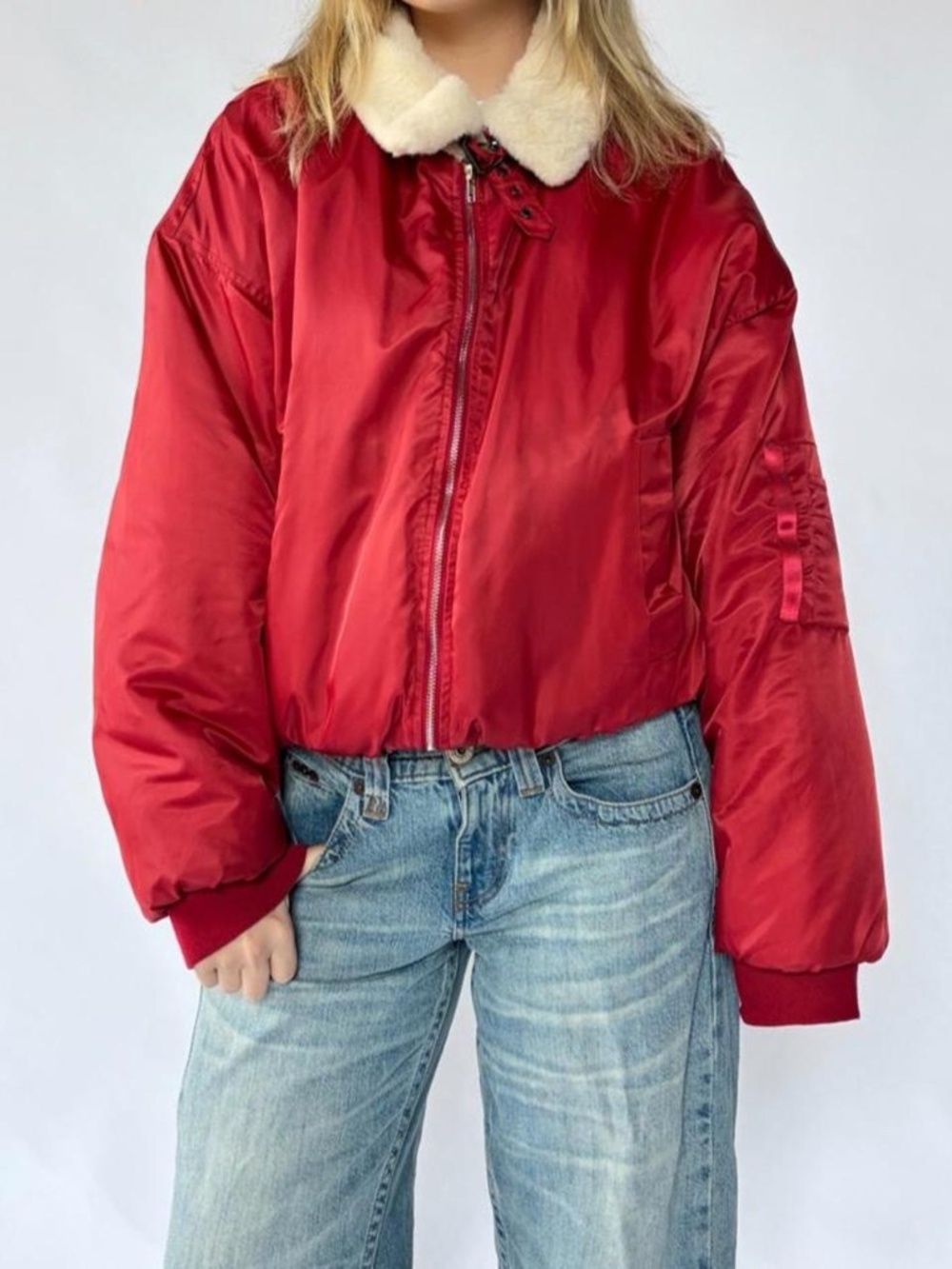 Lioness Bomber Jacket Red Faux Fur Small